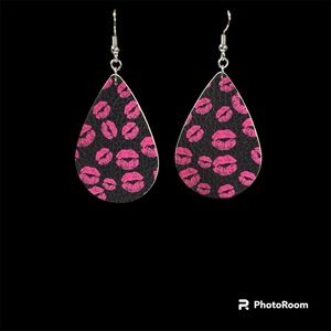 Black and Pink Lip Print Teardrop Earrings Handmade